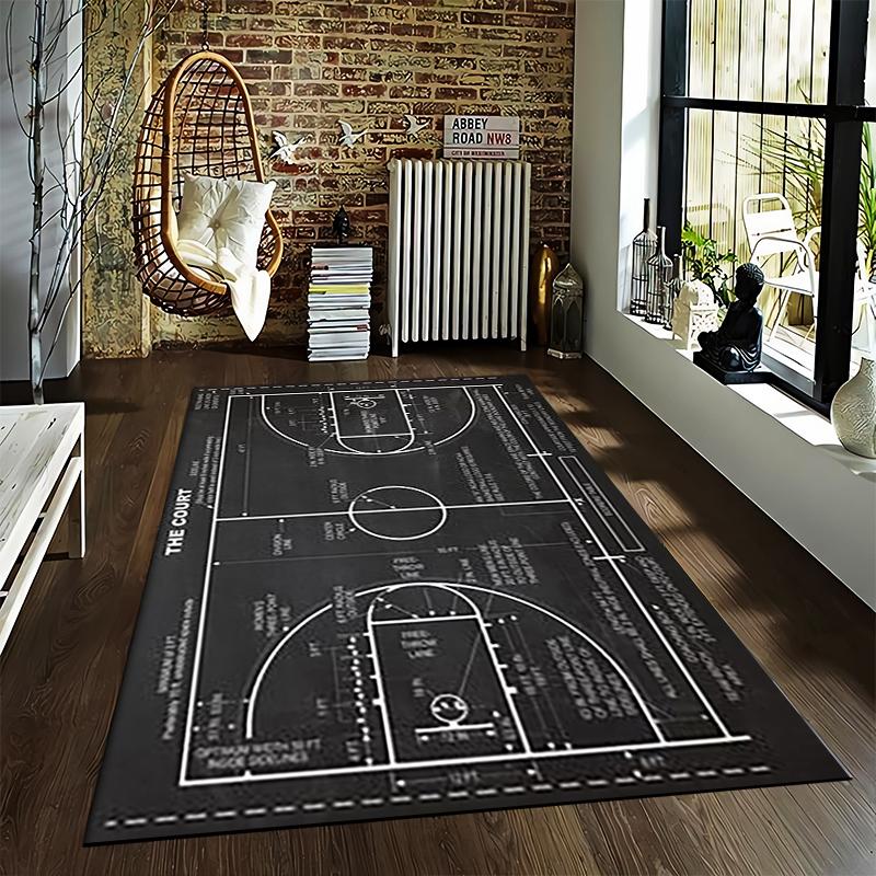 Basketball Court Design Carpet, Black and White Sports Area Rug Suitable for use as an anti-slip for living room bedroom sofas