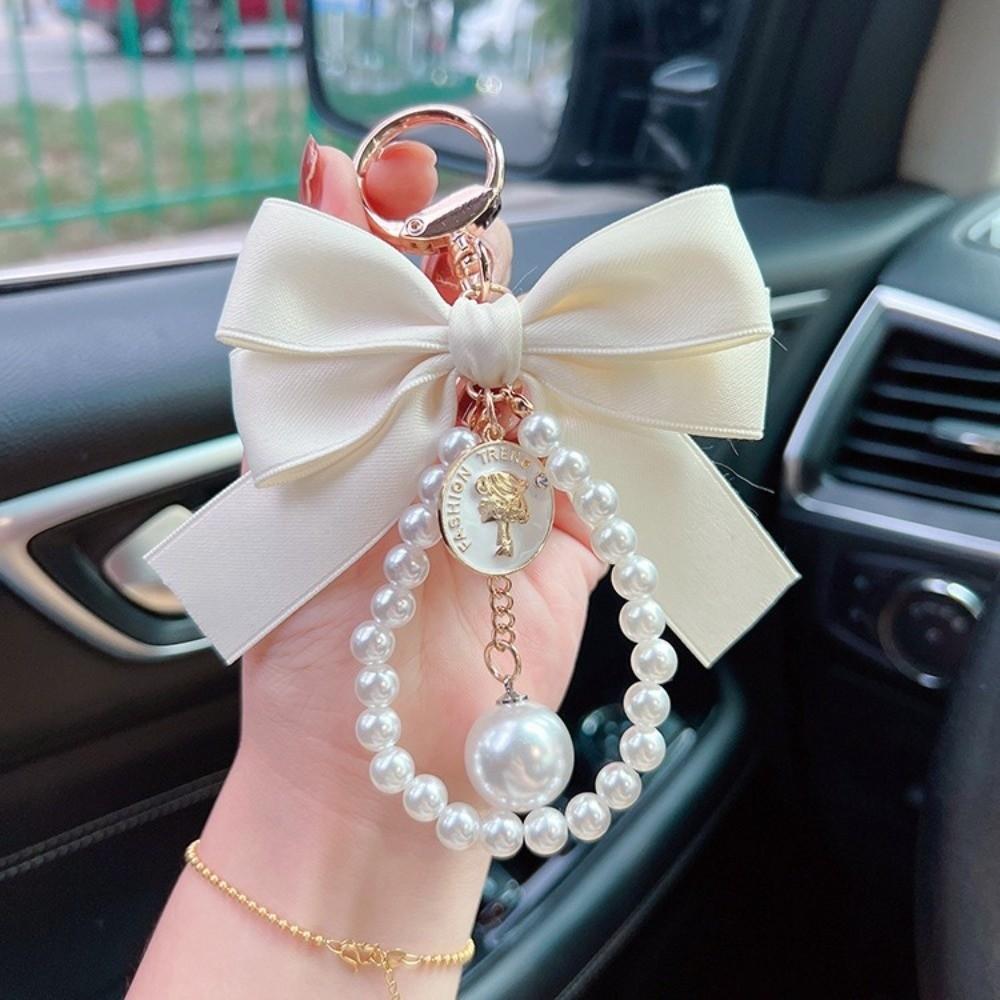 Car Pendant Bow Key Chain Big Bow Car Key Holder Exquisite Pearl Beaded Pendant Keyring