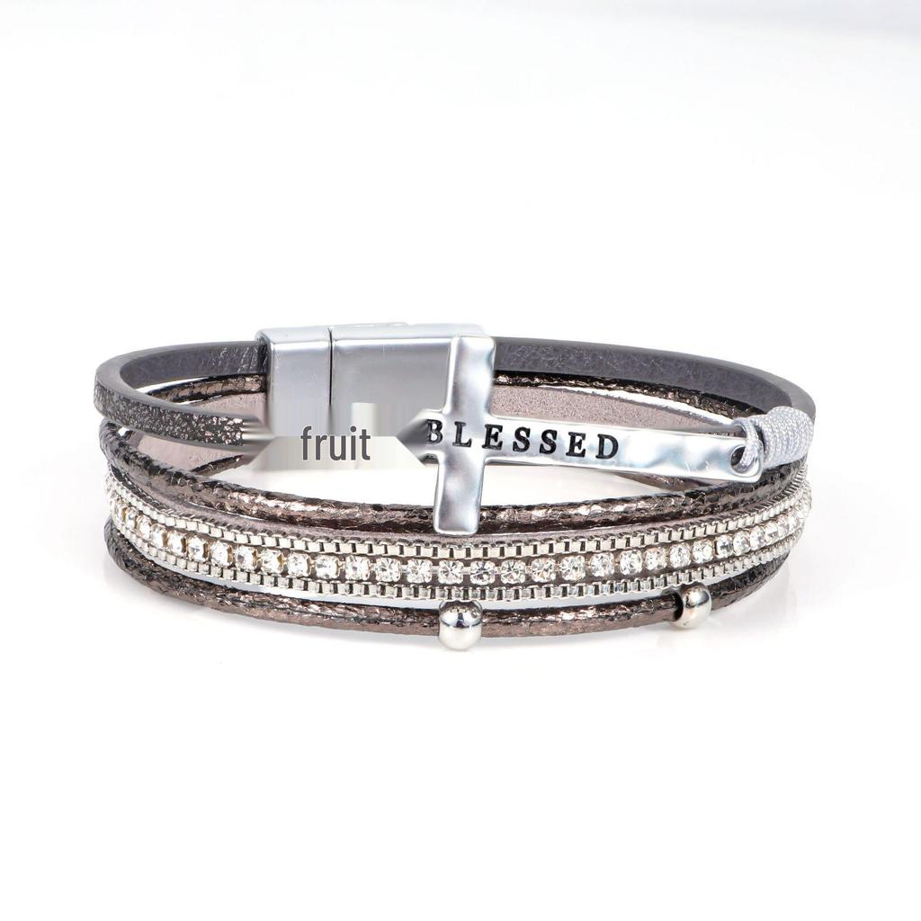 Bohemian Multi-Layer Leather Bracelet with Pave Diamonds