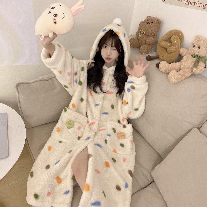 Women's Thick Coral Fleece Robe & Pajama Set