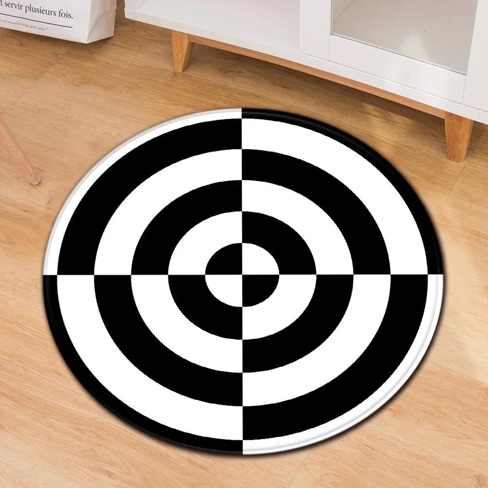 Crystal Velvet Psychedelic Round Rug,Black  White Geometric Illusion Print Non Slip Floor Mat for Living Room,Coffee Table,Decor