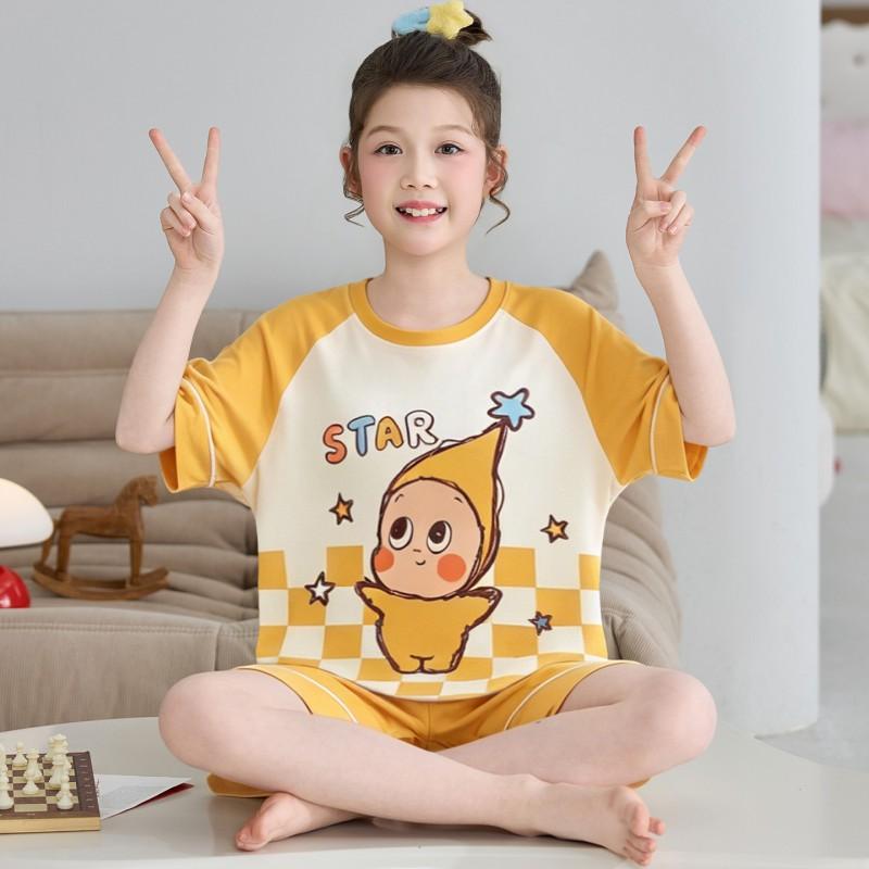 Cute Cartoon Girls Cotton Pajama Set Short Sleeve Shorts Sleepwear Kids Teens Comfortable Lightweight Home Outfit