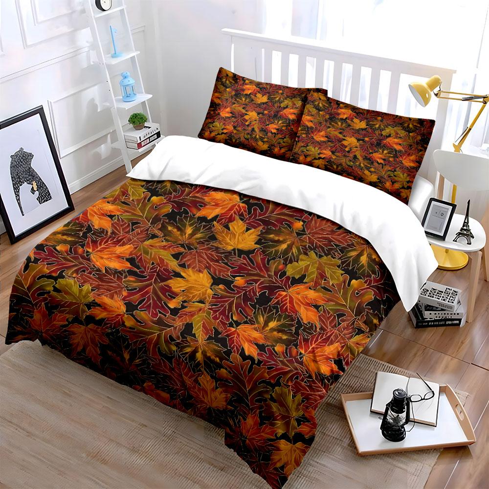 Autumn Leaves Pattern Bedding Set kid's and adults' bedroom decor, Exquisite three-piece bedding set gift