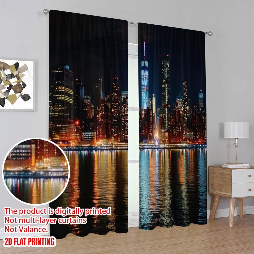 2pcs,2D Plane Printing Contemporary Curtains City Glow Versatile 100% Polyester (without Rod) Decorations For Home Use for