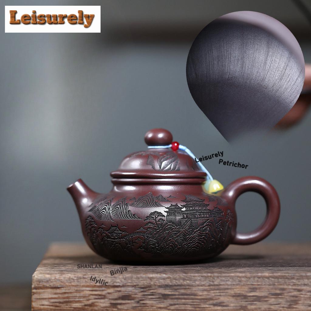 300ml Yixing Lila Ton Teekannen Berühmte Künstler Handgefertigt Geschnitzte Kanne Roher Ton Antike Messing Ton Teekocher Kessel Zisha Teegeschirr