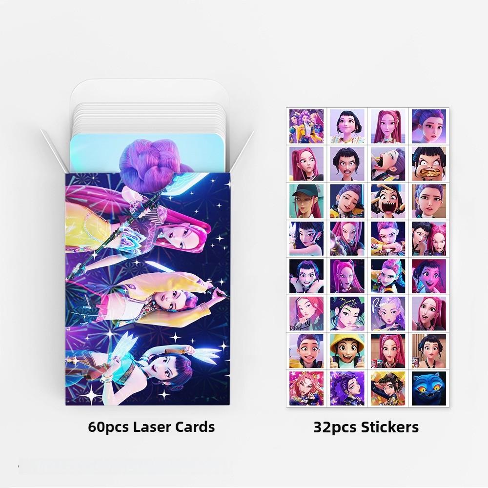 92pcs Kpop Demon Hunters Laser Cards K-POP Witch Hunt Cartoon Series Accessories 60pcs LOMO Small Cards & 32pcs Stickers