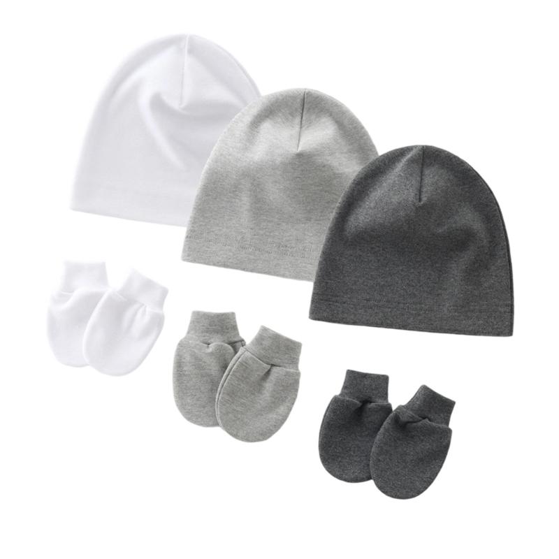 3 Set Baby Bonnet Caps Newborns Fetal Hat Fashionable Brimless Hat Trendy Headgear with Soft Anti-grab Mittens Gloves