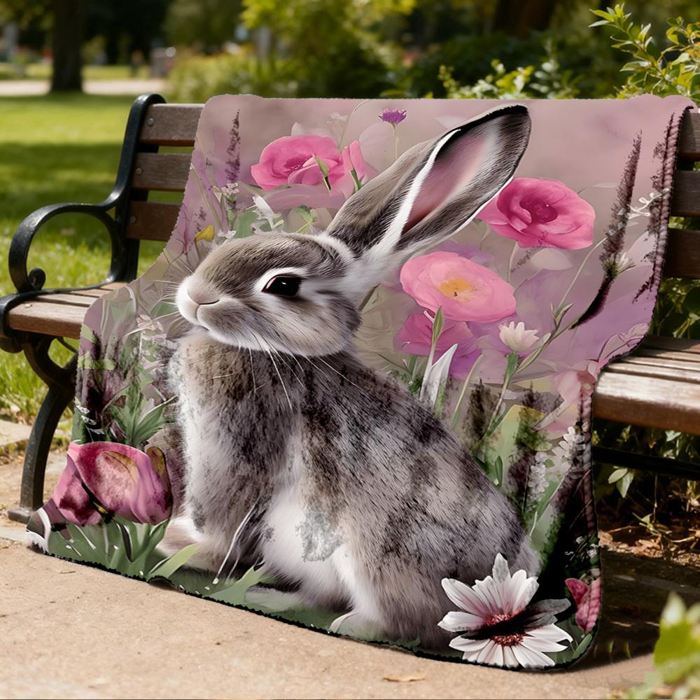 1pc Rabbit Flowers Outdoor Blanket - Soft Flannel Cozy for Travel & Camping - All-Season Warm Bed Cover, Machine Washable yy251229079