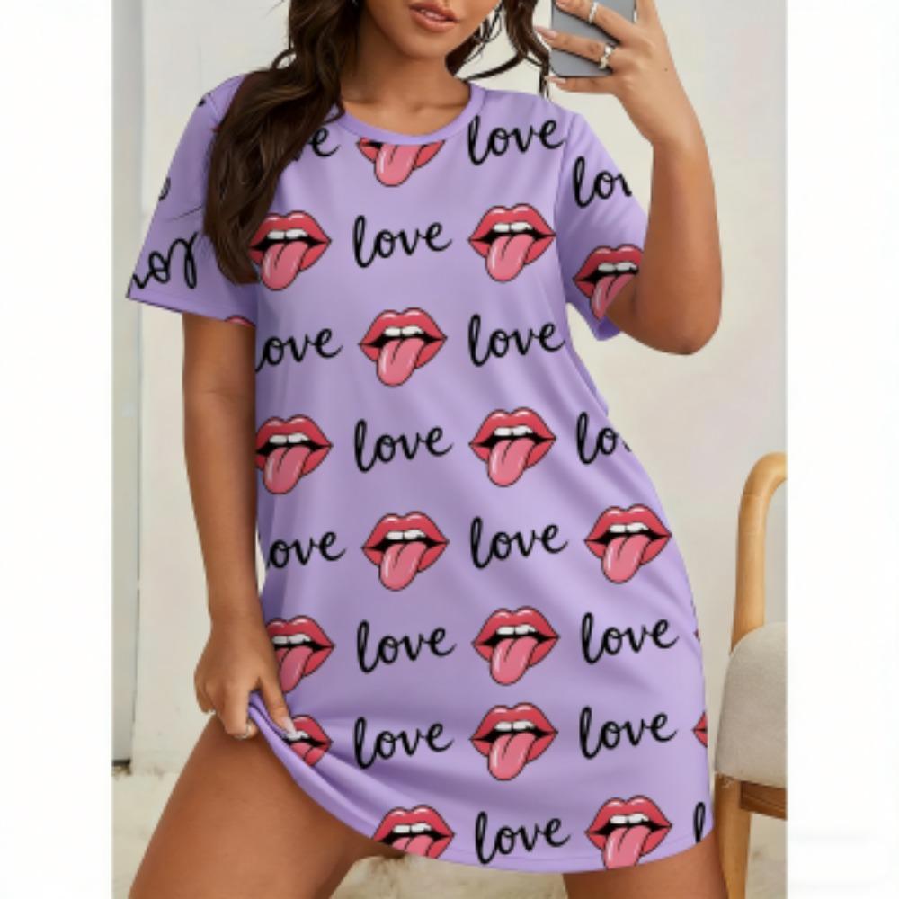 Sexy Lips Print For Women Short Sleeve Sleepwear Dresses Loose Casual Fit Tee Nightwear Home Clothes Nightie Loungewear Dresses