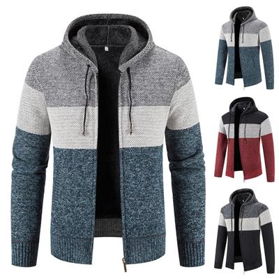 Pánský svetr s kapucí Kabát Color Block Dlouhý rukáv Stahovací šňůrka Slim Fit Podzim Zima Plyšová Podšívka Pletený svetr Cardigan Streetwear