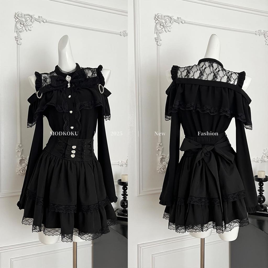 Lolita Kleid mit Prinzessin Gothic Lolita Stilvoll Große Größe L [MODKOKU] Damen Off-Shoulder Ärmel, Massenware Spitze, Stil, Rüschen, Schnürung