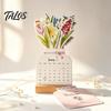 Floral And Cat Theme Calendar 2027 Flower Desk Calendar, English Tabletop with Wooden Base, Monthly Planner For & Decorative for Office Home