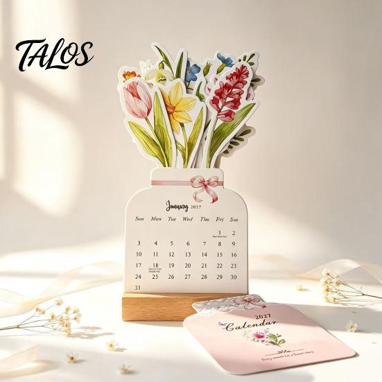 Floral And Cat Theme Calendar 2027 Flower Desk Calendar, English Tabletop with Wooden Base, Monthly Planner For & Decorative for Office Home