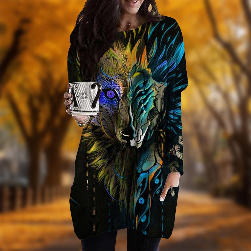 Новинка осени с принтом черепа лисы и большого размера платье для женщин с круглым — фото 4