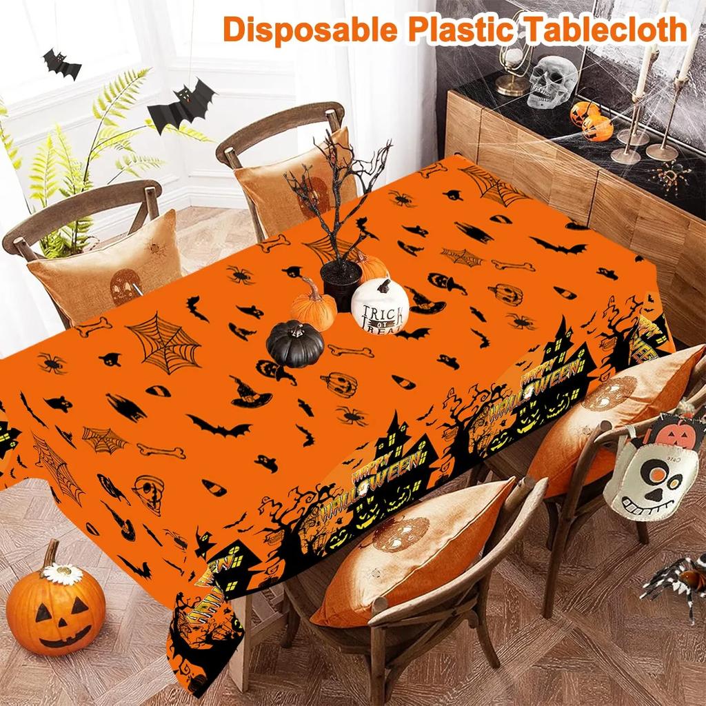 Halloween Tablecloth Orange Black Horror Ghost Table Cover Happy for Trick or Treat Theme Home Decoration