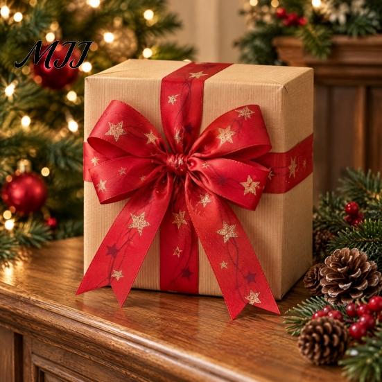 Fabric Ribbon for Party Decor Christmas Ribbon, Glitter Star & Tree Decorative Red Handmade Floral Arrangement Green Holiday Gift Wrapping,