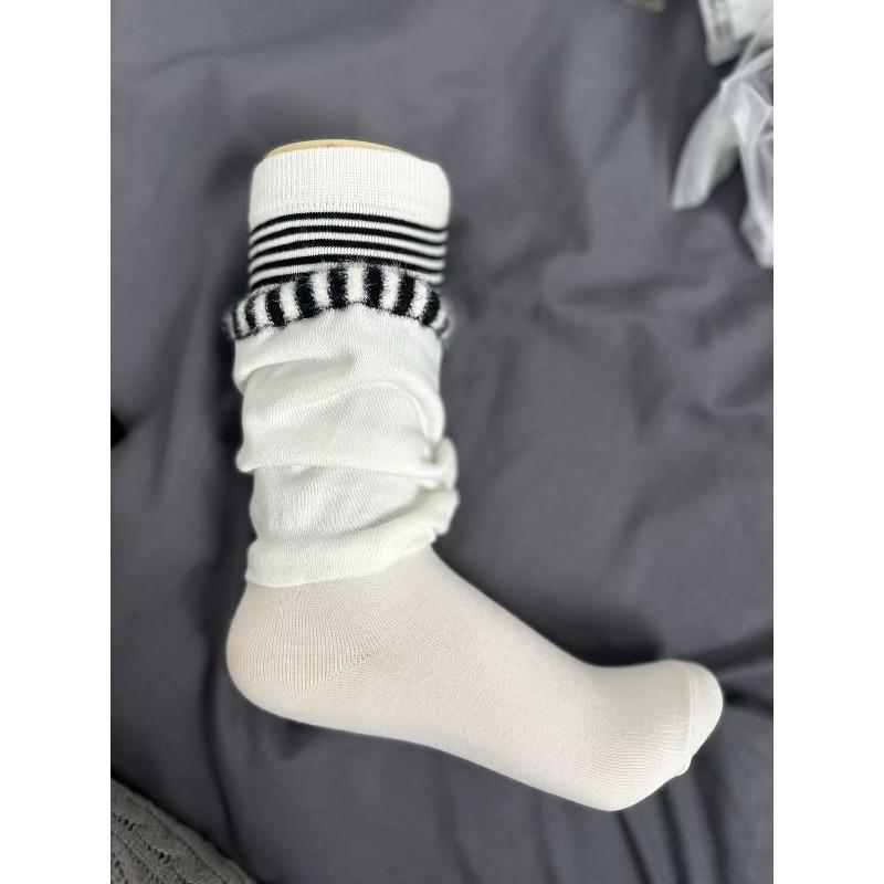 Two Pieces of Pure Cotton Double-layer Flared False Mid-calf Socks with A High-end Feel, Women's Three-dimensional Striped Stylish Long Socks