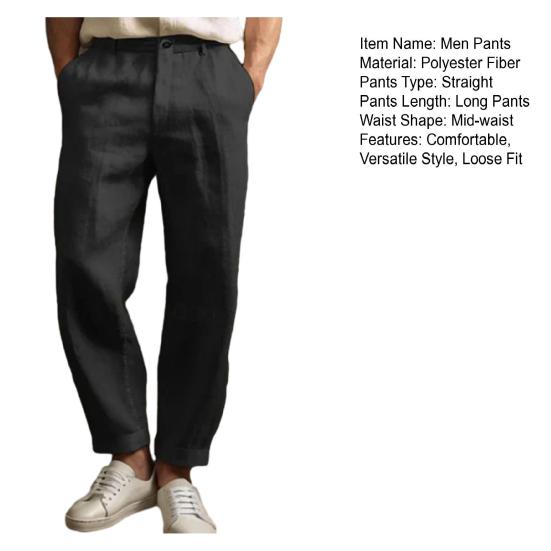 Men's Straight Leg Pants Solid Color Casual Trousers Breathable Loose Fit Pants with Reinforced