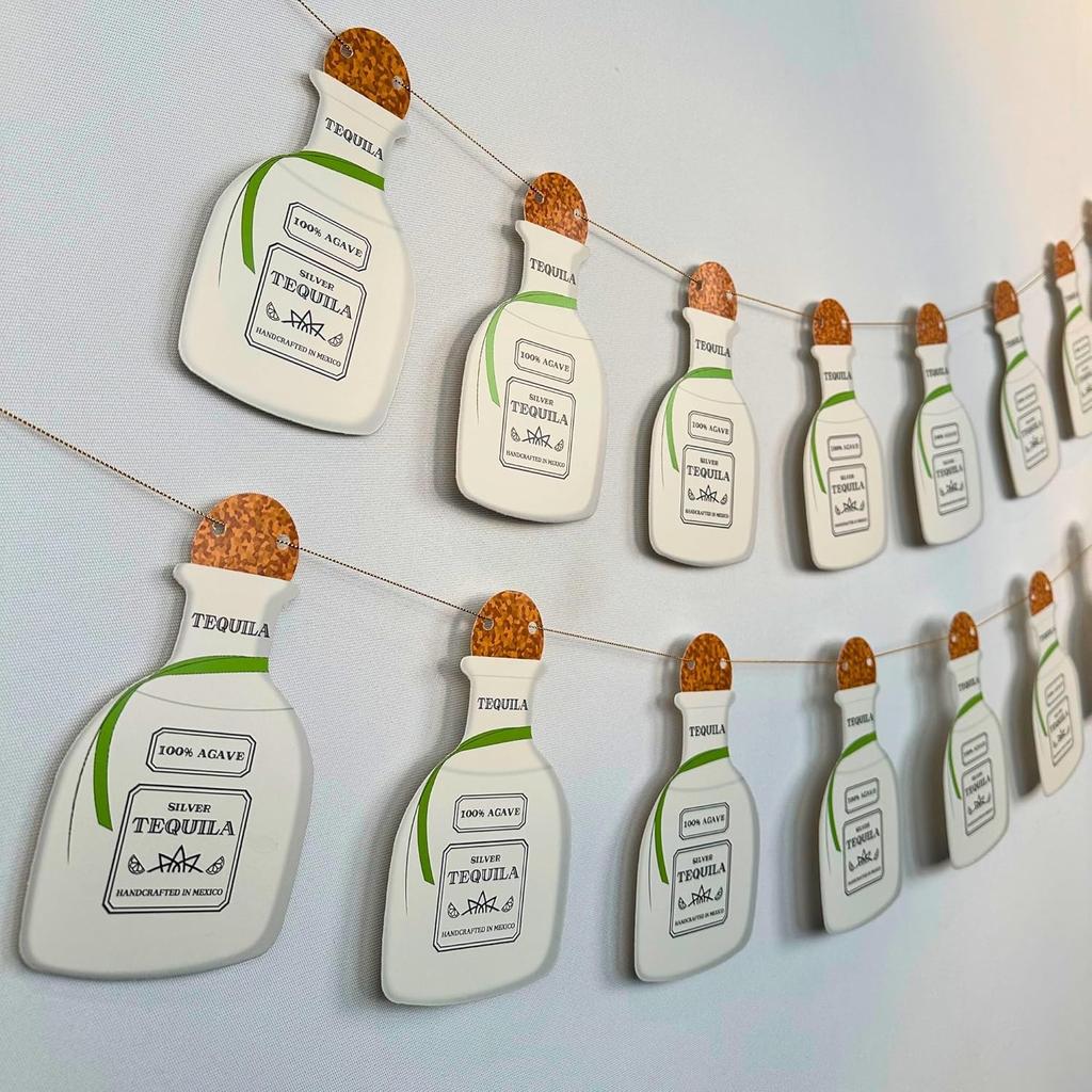 Tequila Bottle Banner (16pc, 12ft Gold String) 21st Birthday Decorations, Moo Moos and Margaritas Margs and Matrimony Garland Bachelorette Party