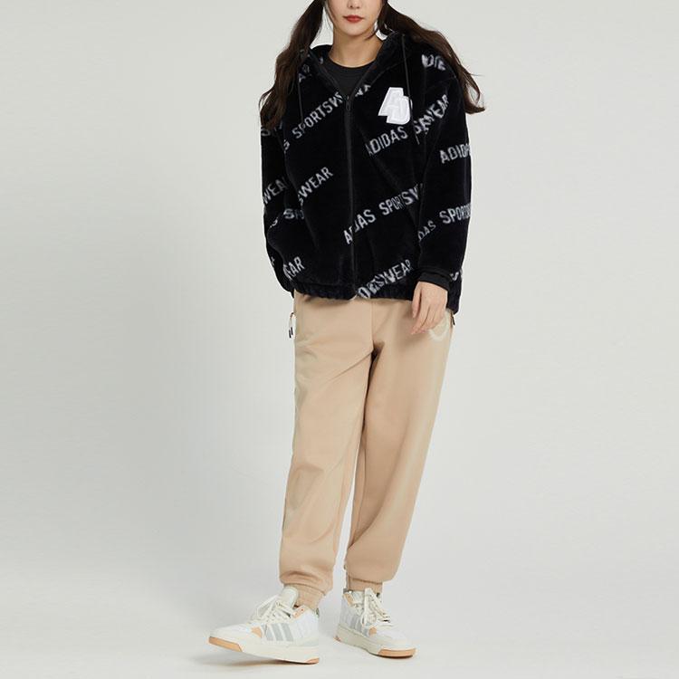 Adidas Letter Print Oversized Hoodie Jacket Women Jacket Black IB2751