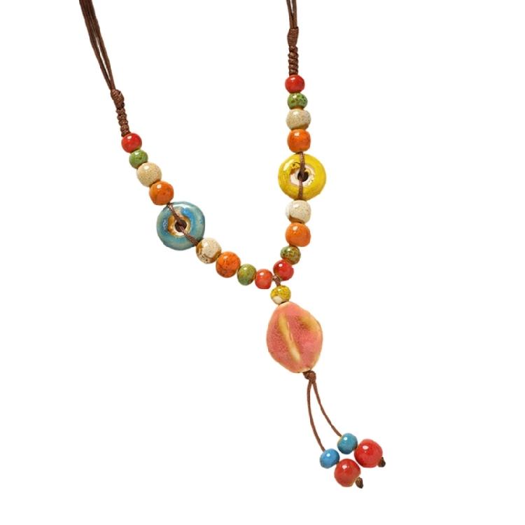 Delicate Ceramic Flower Beaded Necklace Handcrafted Retro Long Sweater Chain For Various Occasions
