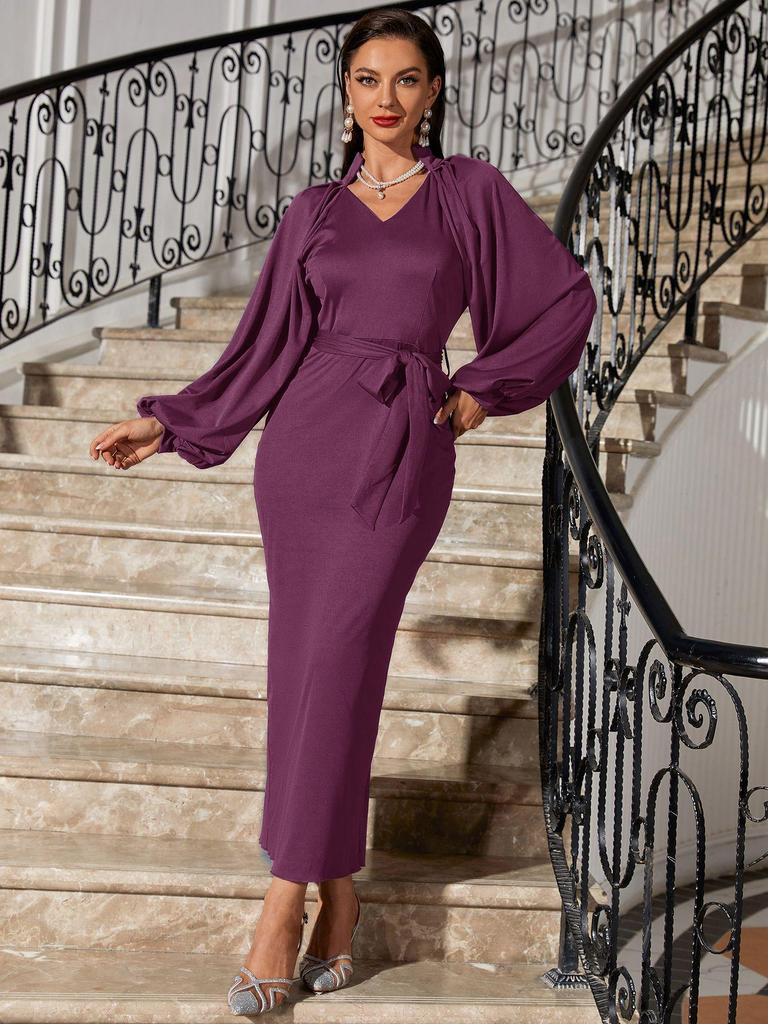 2025 Elegant V-neck Slimming Dress with Lantern Sleeves - Women's Cross-border Fashion