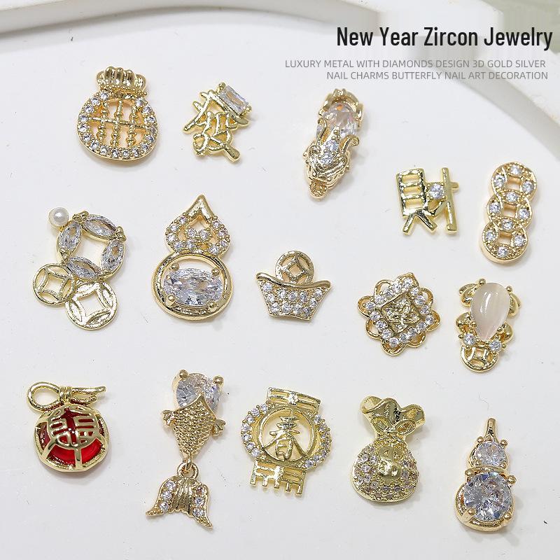 Nail Art Scintillante di Zirconia per Capodanno: Borsa del Denaro Attira-Ricchezza, Zucca di Lusso con Diamanti e Ornamenti per Unghie Oro/Argento