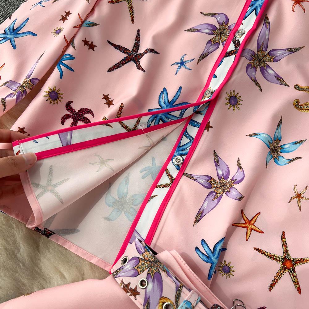 Spring Lace Stitched Long Sleeve Printed Shirt + Waist Bag Hip Pleated Fishtail Skirt Two-Piece Suit