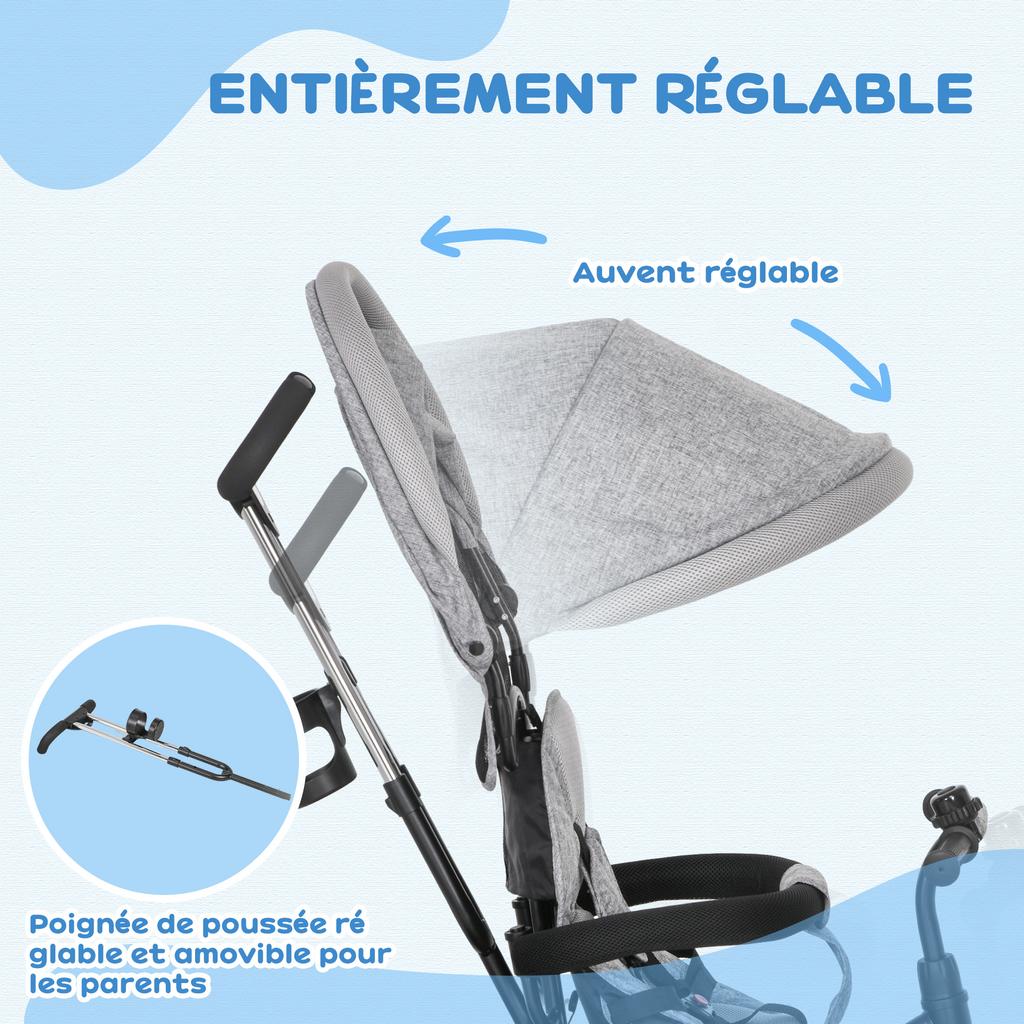 Children's Tricycle, Folding Sunshade, Telescopic Handle, 95x50x106 Cm, Steel, Grey/Black