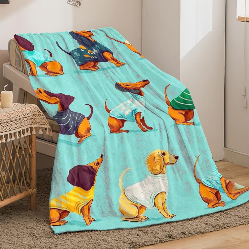 Cute dachshund dog wearing clothes pattern cartoon animal design soft flannel throw blanket for pet lovers or children room