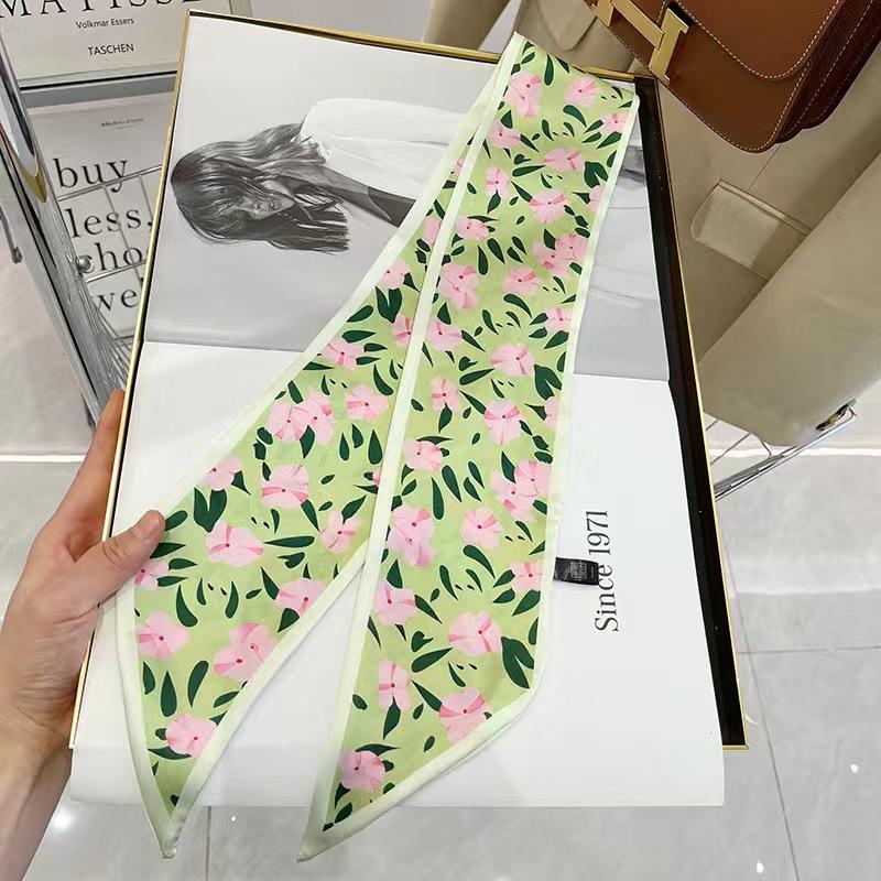 Small White And Tender Green Silk Scarf For Women, Thin Streamer, Headband, Hair Tie, Bag Decoration Long