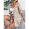 Women Solid Hollow Out Five Quarter Sleeve Knit Open Cardigan Casual Vacation Thin Outerwear