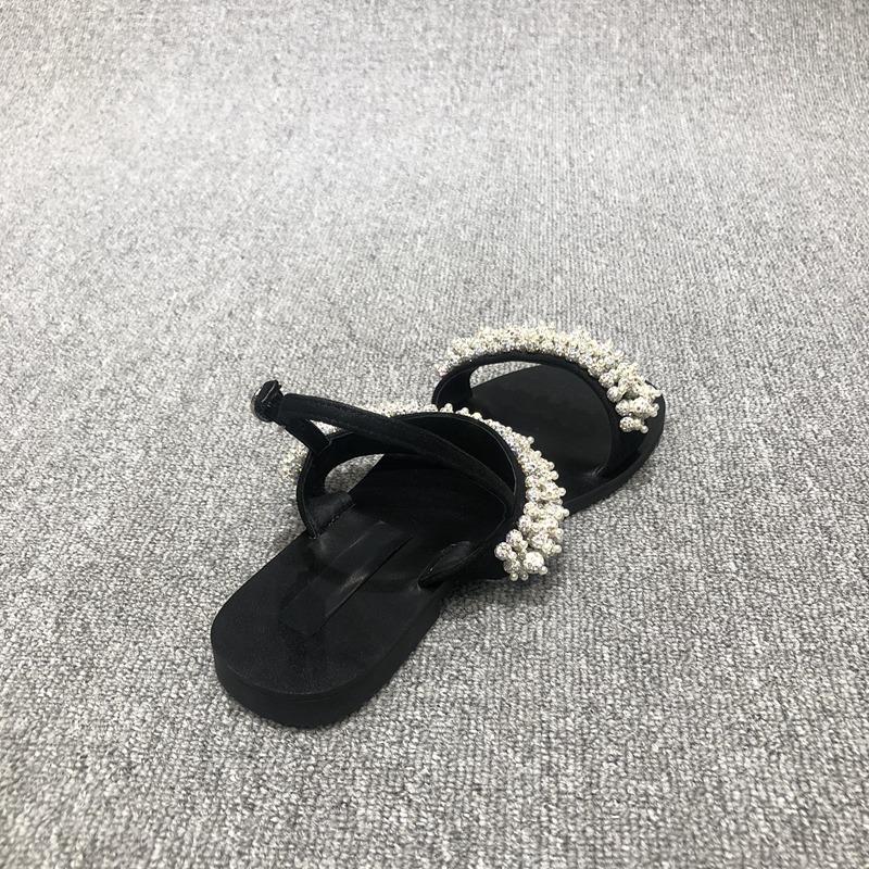 European Station 2025 Summer New European Women's Shoes Pearl Sandals One-word Buckle with Beaded Open-toed Flat Sandals Women