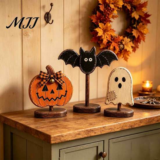 Housewarming Gifts for Home Lovers Halloween Wooden Tabletop Decor, Vintage Pumpkin Ghost Bat Figurines, Rustic Farmhouse Autumn Atmosphere