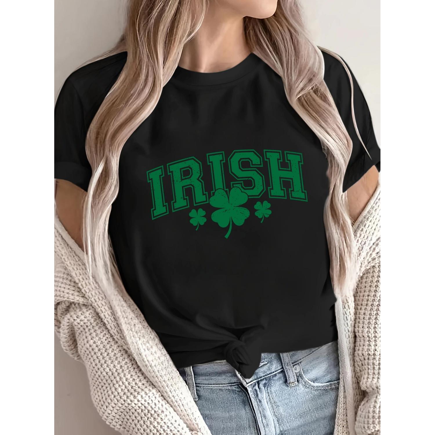 

Irish Green Clover Prints Women T-Shirt Soft Summer T Shirts All-Match Comfortable Tee Top Soft Crewneck Short Sleeve Female S чёрный