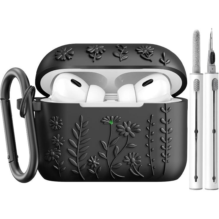 AIRSPO Airpod Pro 2nd Generation Case, 3D Floral Embossed Soft Silicone Protective Cover with Cleaner Kit for Apple Airpods Pro 2nd 1st Gen Case with