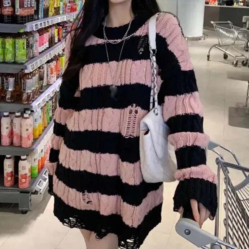 Punk Style Irregular Ripped Sweater Women's Striped Knit Pullover Loose Long-sleeve Crew Neck Top Twist Pullover Coat Korean Fashion