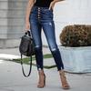 Women High Waisted Skinny Hole Denim Button Stretch Slim Pants Calf Length Jeans