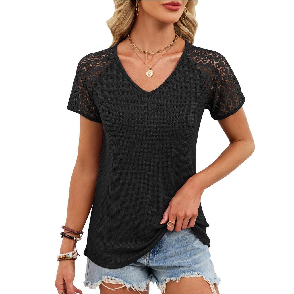 New Summer Spring Women's Loose Short Sleeve V-neck Lace Top Solid Color T-shirt Leisure Trade America Europe