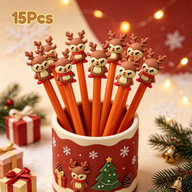 15Pcs Cute Christmas Reindeer Pen, Aesthetic Student Stationery for Back to School Season, Smooth Writing Instrument for Office & Study Environment