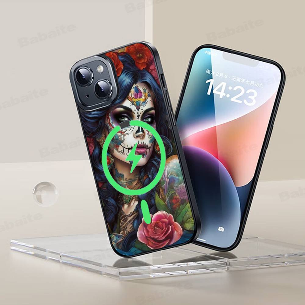 Catrina Beautiful Rose Girl Skull Phone Case Magnetic Case For iPhone 17 16 15 14 13 12 11 For Magsafe Wireless Charge Cover