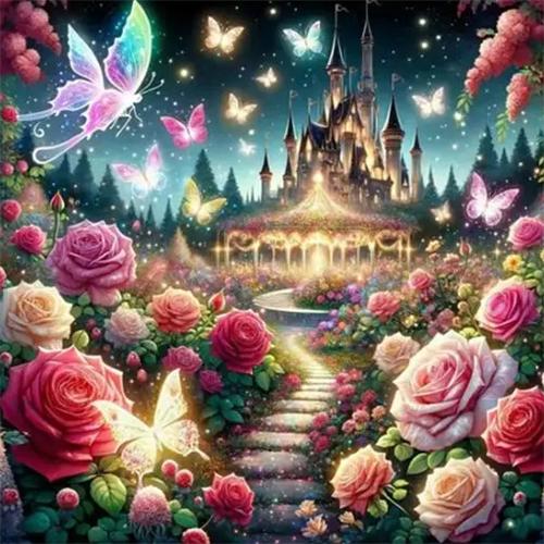 Diamond Painting Kit Ros Fjäril Helt Fyrkantig Rund Broderi Mosaik Slott Landskap Heminredning