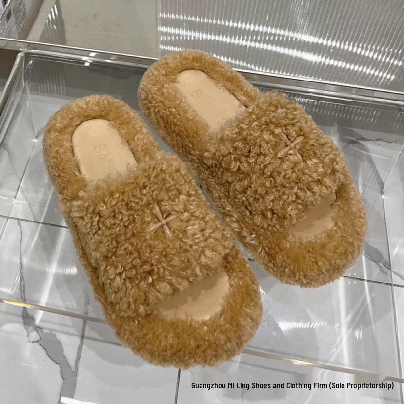 2024 High-Version SMF-K Fur Slippers: Thick-Soled Leather & Velvet Cross Design in Black/Gray
