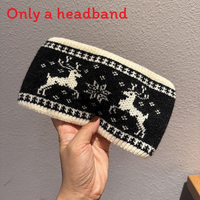 

Зимняя вязаная повязка на голову со снежинками и оленями в клетку. Теплый аксессуар для головы для путешествий. чёрный
