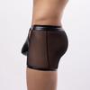 Sexy Herren-Unterhose, leicht zu öffnen, hohl, niedrige Taille, durchsichtiges Netz, Kunstleder, Patchwork, dünn, weich, atmungsaktiv, Boxershorts für Männer