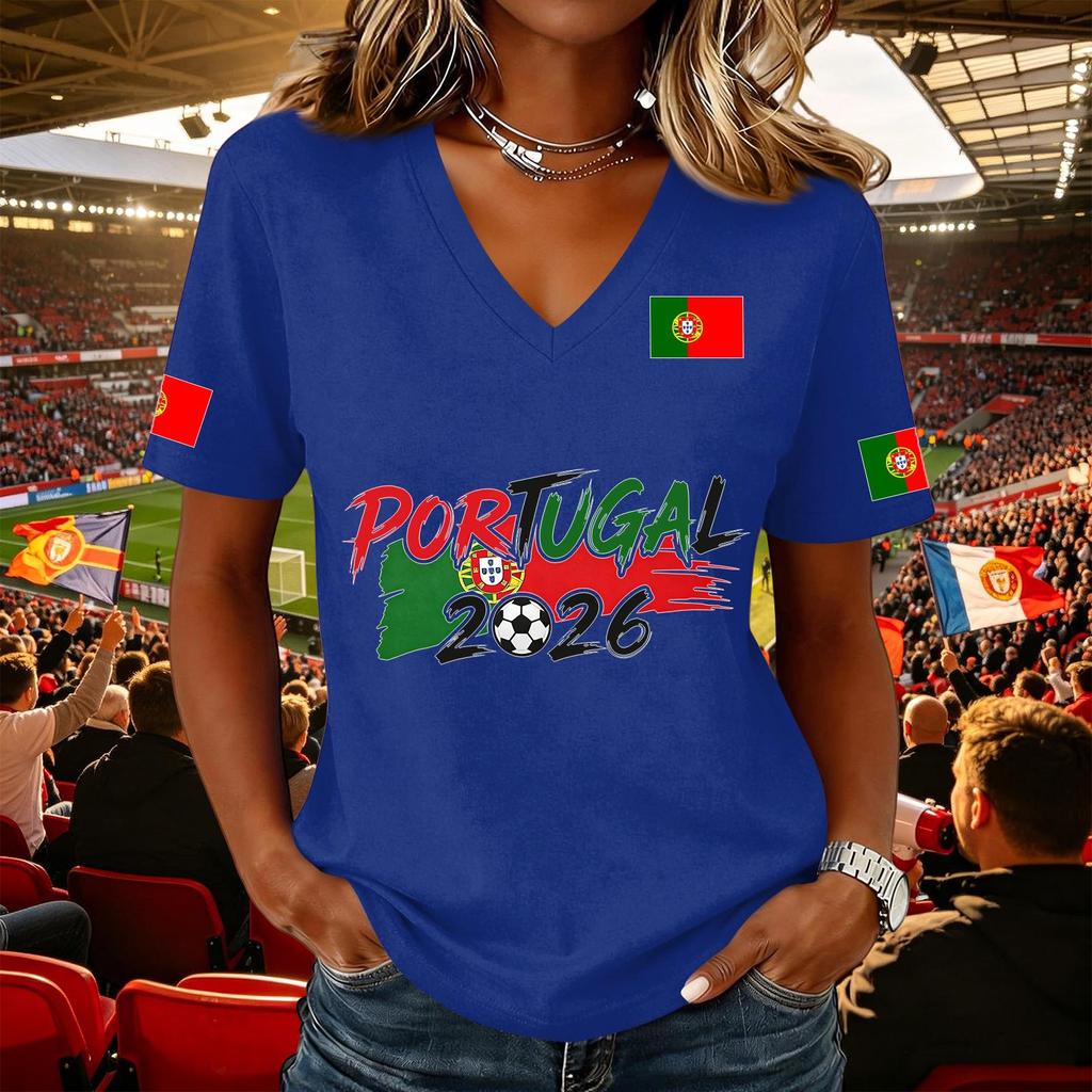 Women's Casual V Neck Short Sleeve Pullover Top with Soccer Flag Print Portugal 2026 Support Shirt for Fans and Sports Events