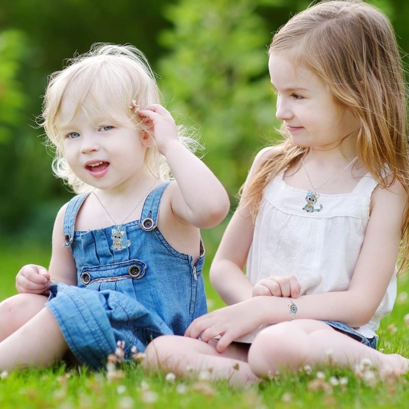 Cat Jewelry Set for Girls Necklace Bracelet Ring Stud Earring Sets for Kids Rainbow Rhinestones Jewelry for Women Girls