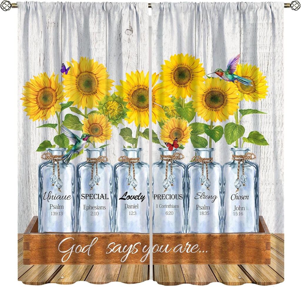 Sunflower Curtains for Kitchen,Black Pithy Rustic Sunshine Beautiful Wonderful Sunflower Plant Flower Butterfly Window Drapes