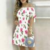 Women Plus Size Off Shoulder Short Sleeve Tie Cuff Printed White Blue Floral A Line Dress
