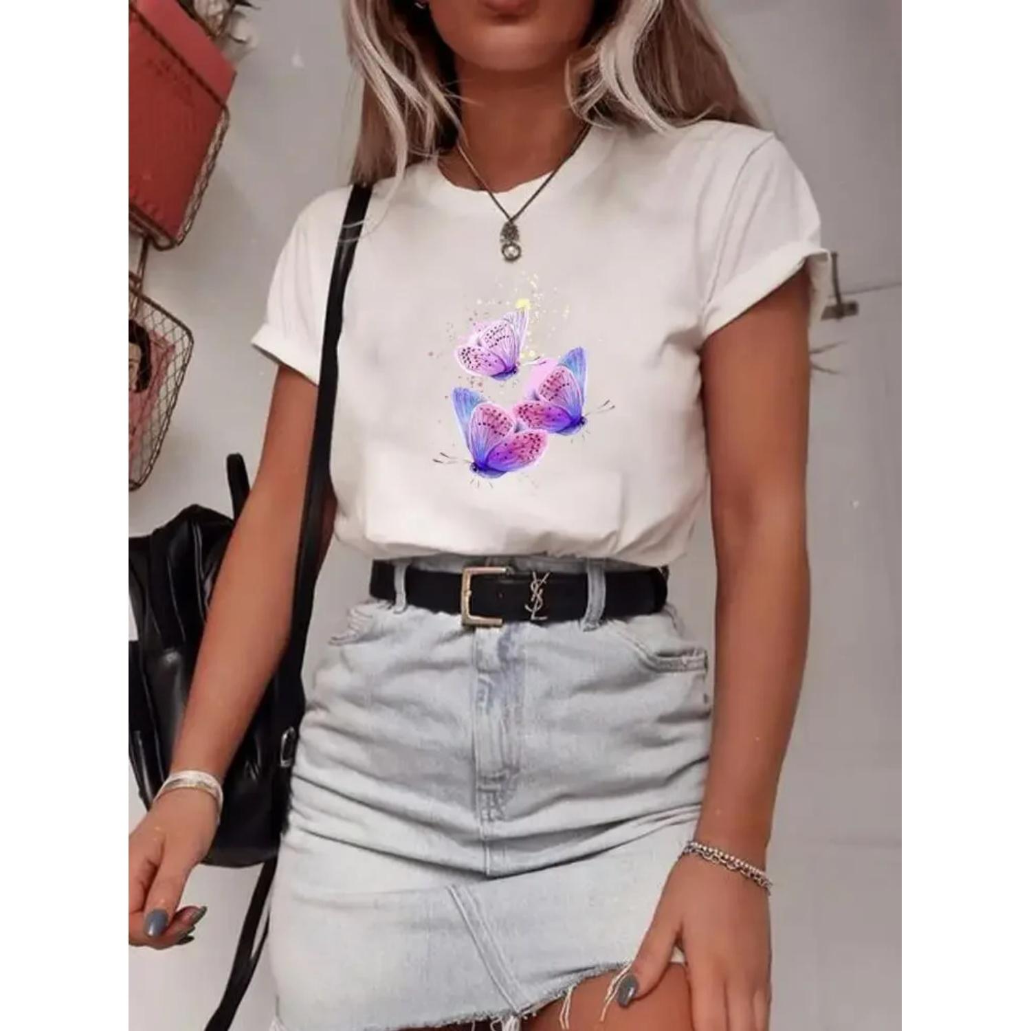 T-shirts Fashion Summer Short Sleeve T Top Print Women Cartoon Shirt Female Clothing Butterfly Lovely Graphic Tee S